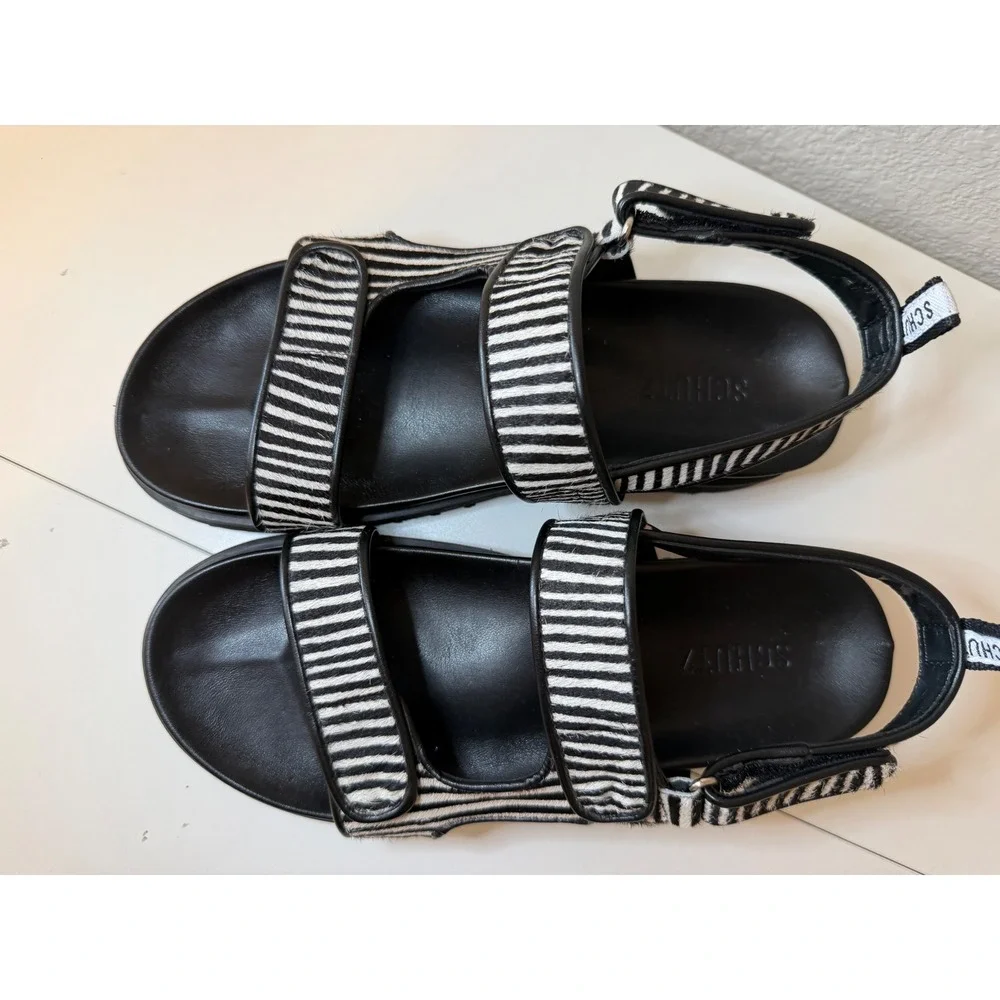 Schutz Black White Striped Calf Hair Platform Slingback Sandals Womens 9.5B